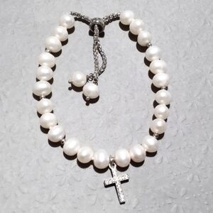 White Freshwater Pearl Adjustable Bracelet with Crystal Cross Charm